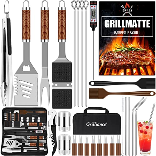Grilliance 30pcs Stainless Steel Grill Tools Set for Men Gift Birthday, Heavy Duty BBQ Accessories Kit with Bag and Grill Mat, Portable Grilling Utensils for Outdoor Camping Brown