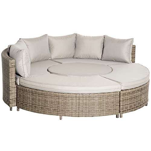 Outsunny 5 Pieces Outdoor PE Rattan Round Garden Daybed with Cushions, Aluminium Patio Furniture Set Lounge Chair Conversation Sofa Set with Liftable Coffee Table and Protect Cover, Grey