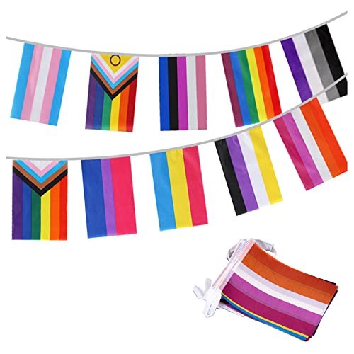 Rainbow Gay Pride Flag, 33ft Progress Gay Pride Bunting, Rectangle Colorful String Banner Rainbow Party Decorations For Pride Accessories Lgbt Festival Celebration Carnival Home Bars Indoor Outdoor