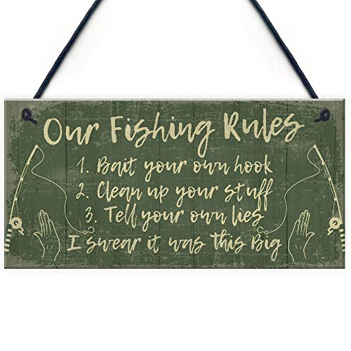 RED OCEAN Funny Fishing Gift Fishing Rules Sign Garden Shed Man Cave Plaque Gift For Grandad Dad Son