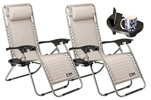 SUNMER Set of 2 Sun Lounger Garden Chairs With Cup And Phone Holder - Deck Folding Recliner Zero Gravity Outdoor Chair - Grey/Grey